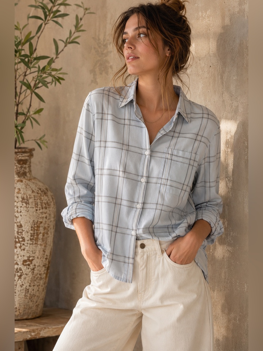 Haven Well Within Windowpane Plaid Organic Cotton Button Down Shirt XS NWT